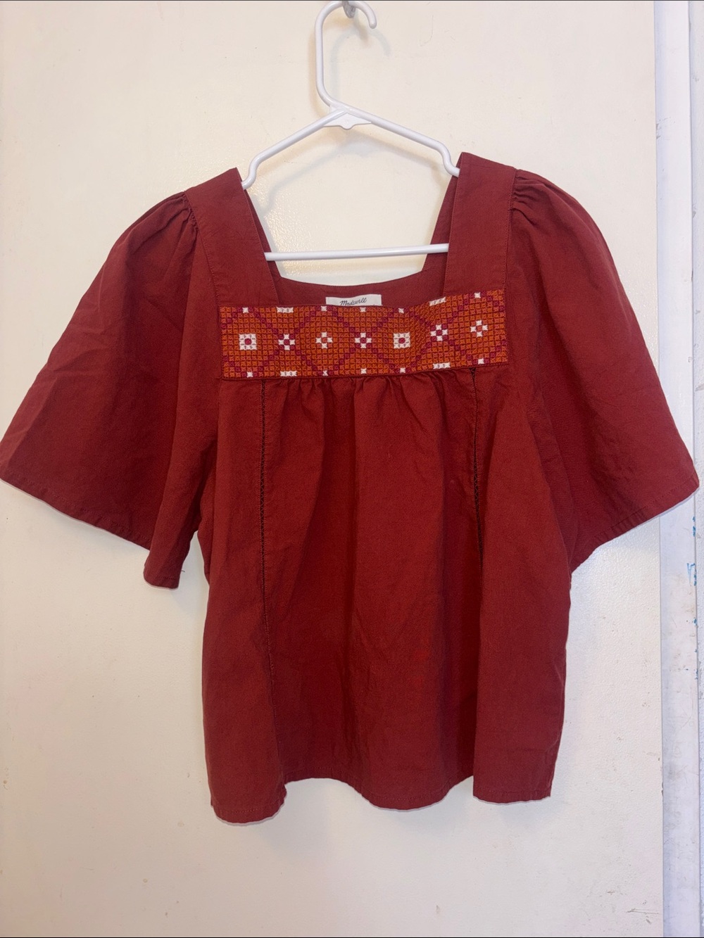 Madewell Rust Red Embroidered Square-Neck Blouse